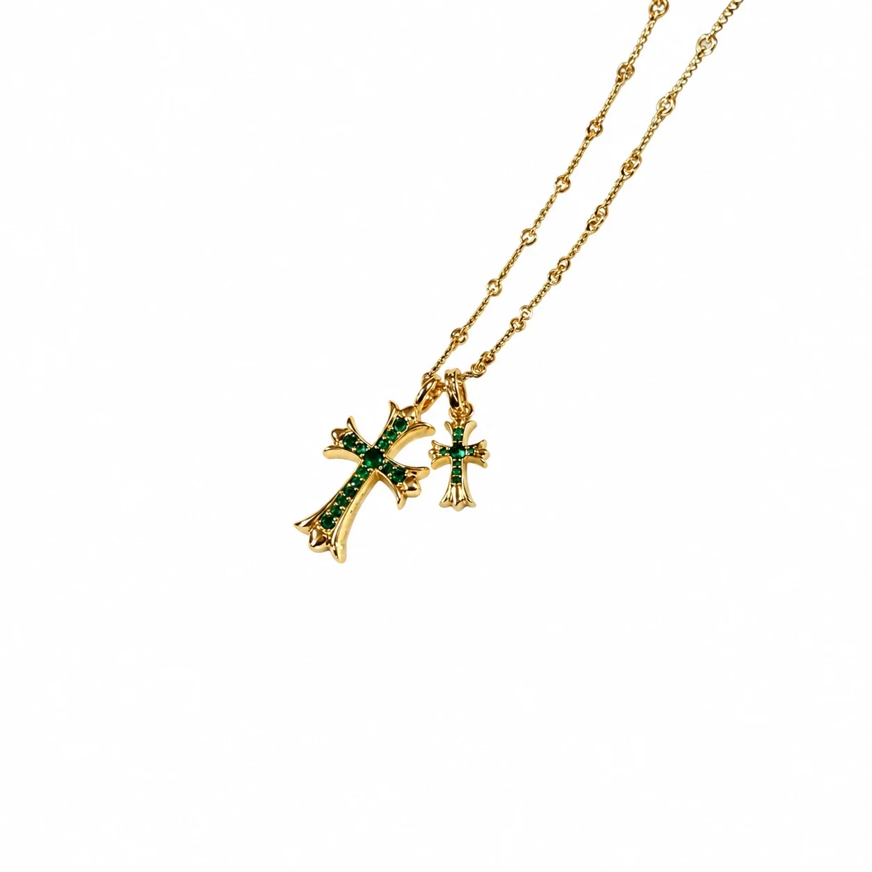 Ornate 925 sterling silver Dual Cross Crystal Necklace - Rose Gold Green Crystal