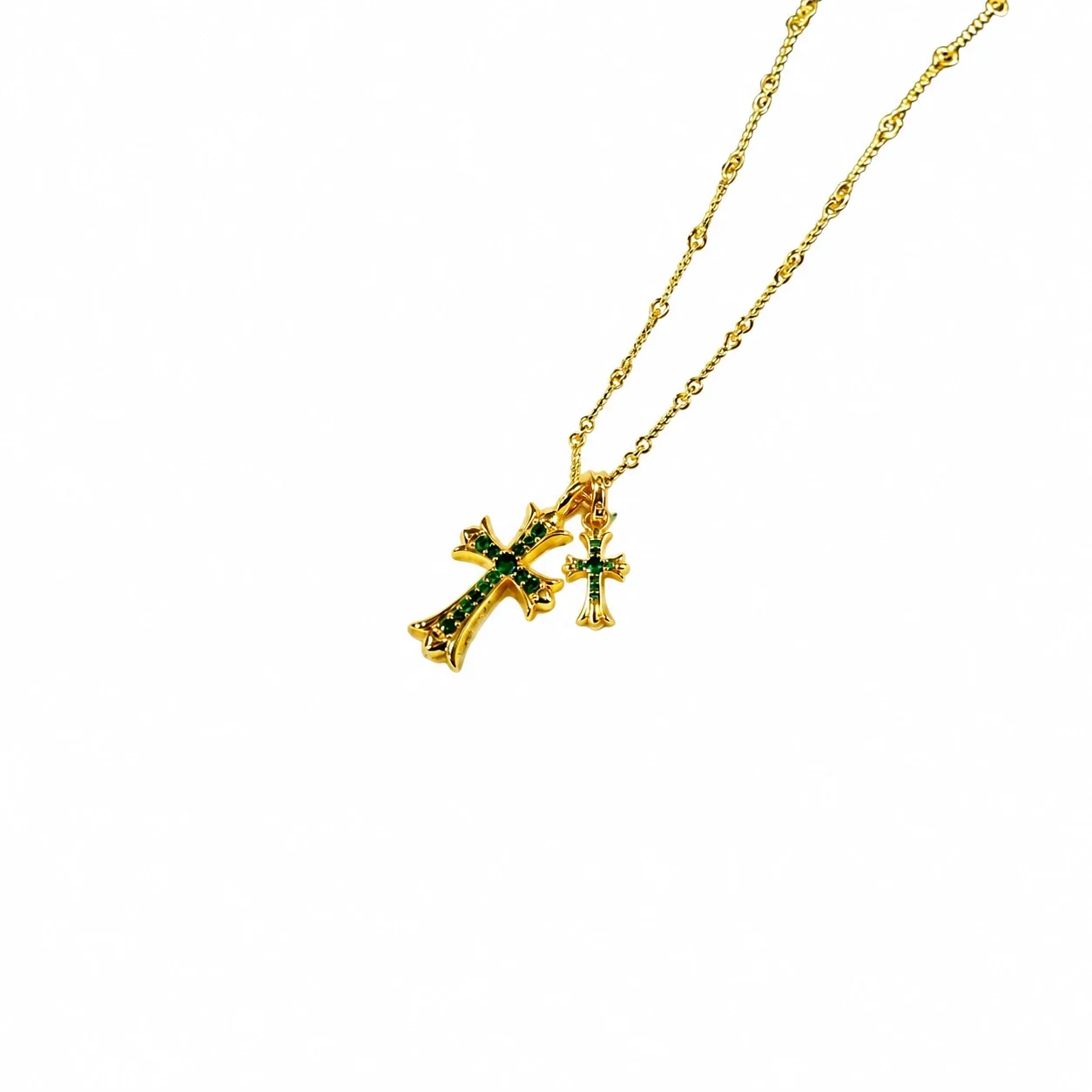 Ornate 925 sterling silver Dual Cross Crystal Necklace - Gold Green Crystal