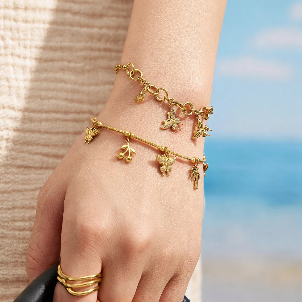 Summer Butterfly Stainless Steel CZ Charm Jewelry Set