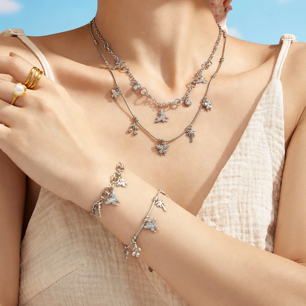 Summer Butterfly Stainless Steel CZ Charm Jewelry Set
