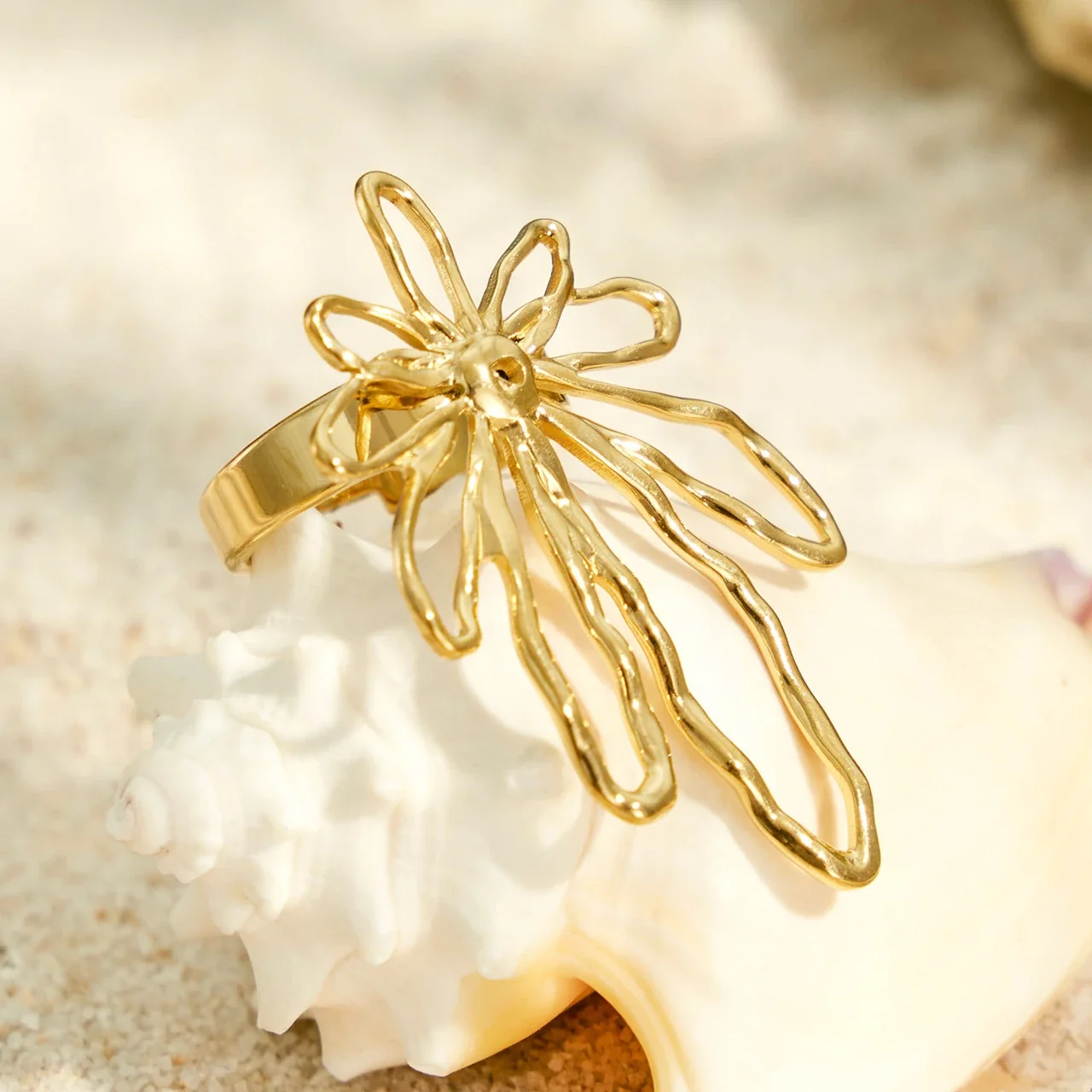 Sculptural Hammered Open-Petal 18K Gold-Plated Ring