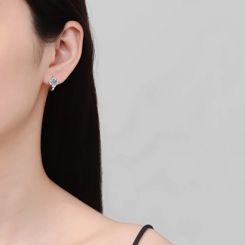 Clover Round Moissanite 925 Sterling Silver Hoop Earrings