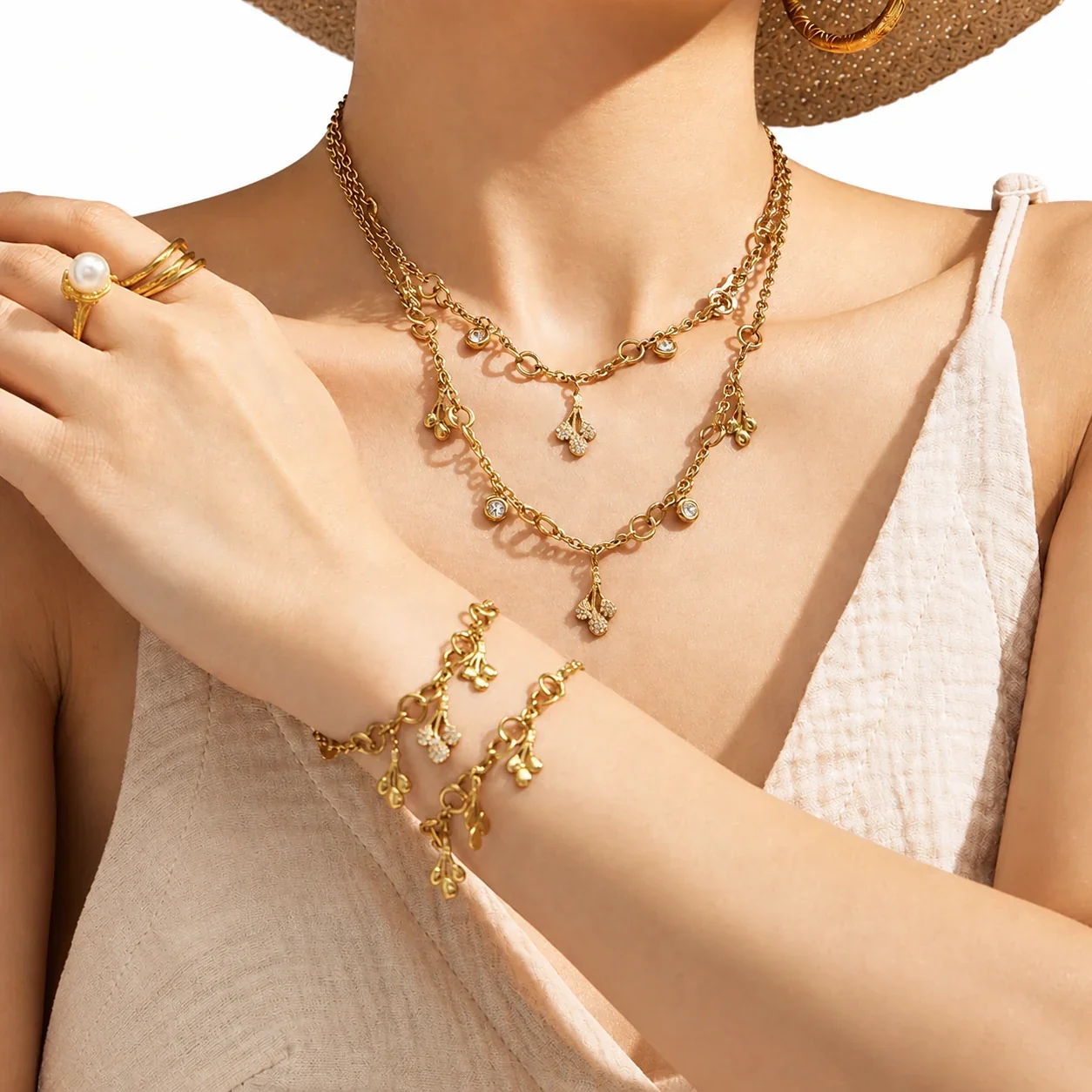 Teardrop CZ Charm 18K Gold-Plated Steel Jewelry Set