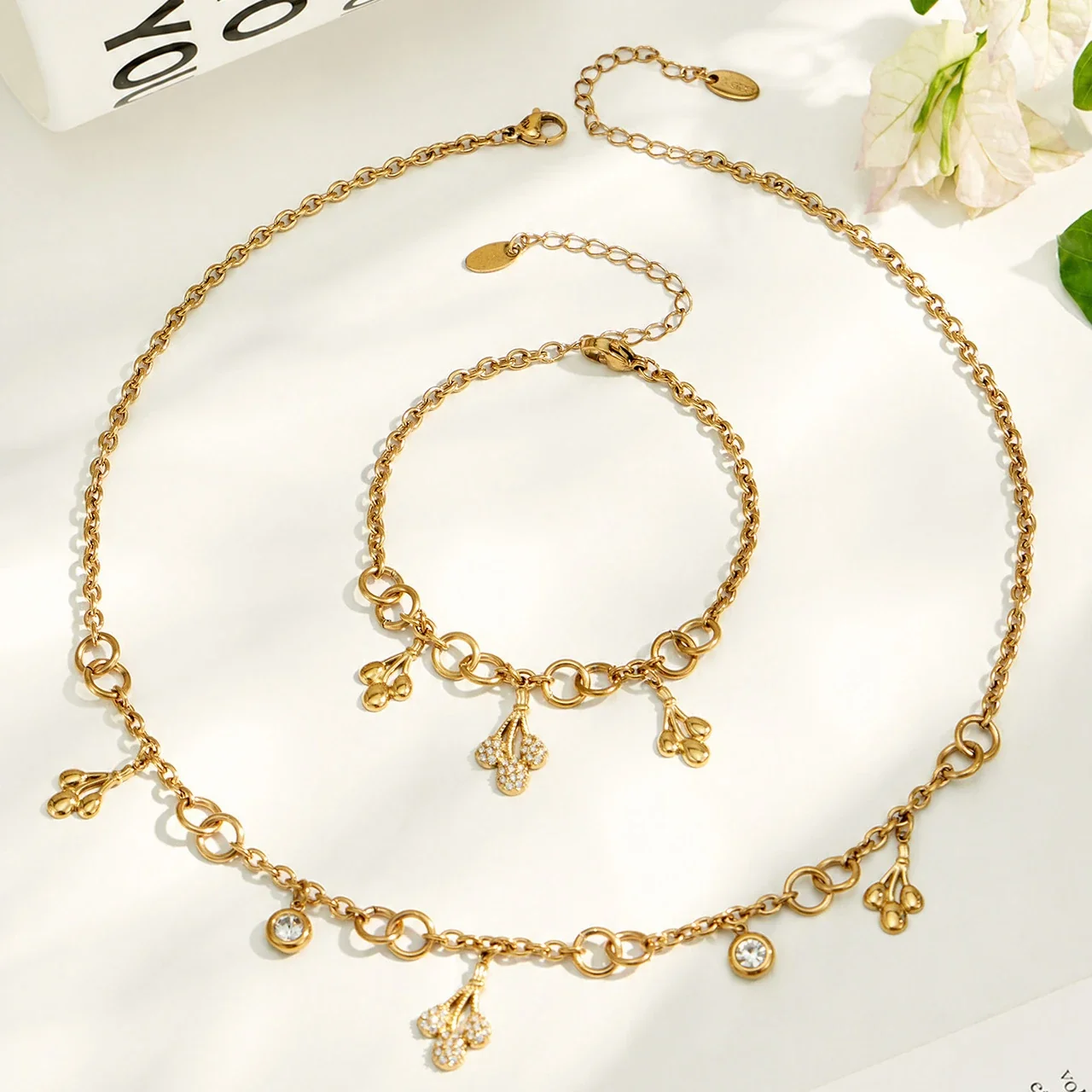 Teardrop CZ Charm 18K Gold-Plated Steel Jewelry Set