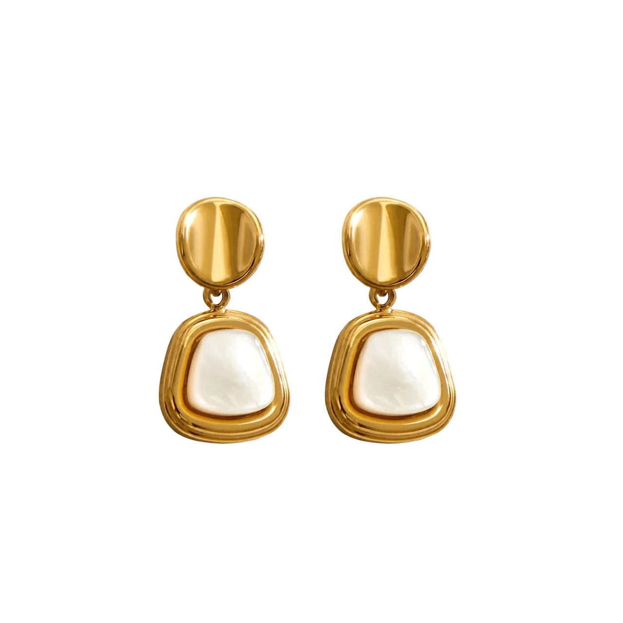 Sculptural Stainless Steel Round Stud Shell Drop Earrings