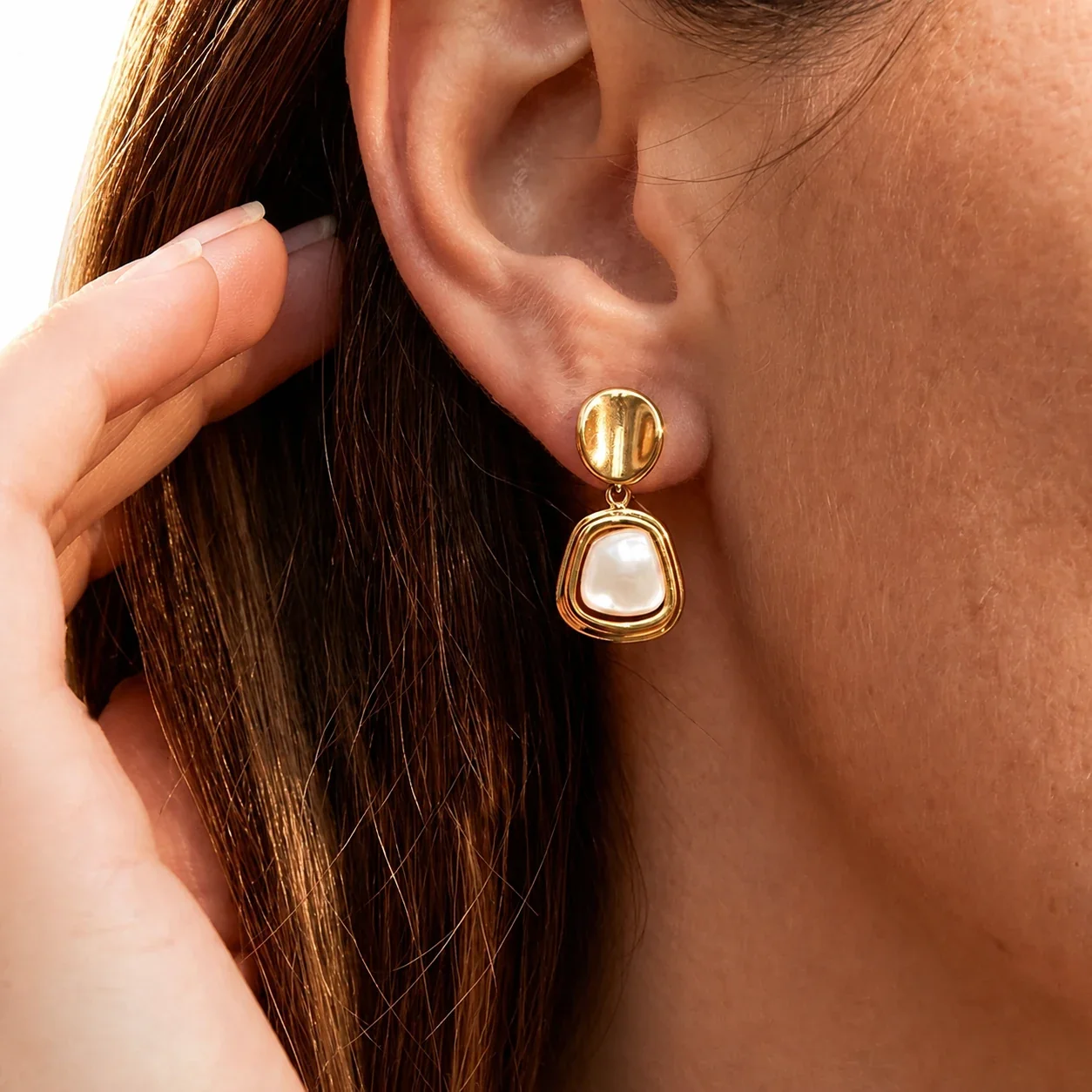 Sculptural Stainless Steel Round Stud Shell Drop Earrings