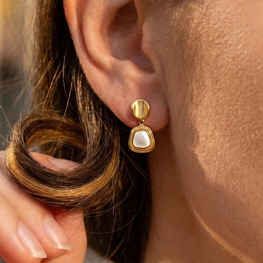 Sculptural Stainless Steel Round Stud Shell Drop Earrings