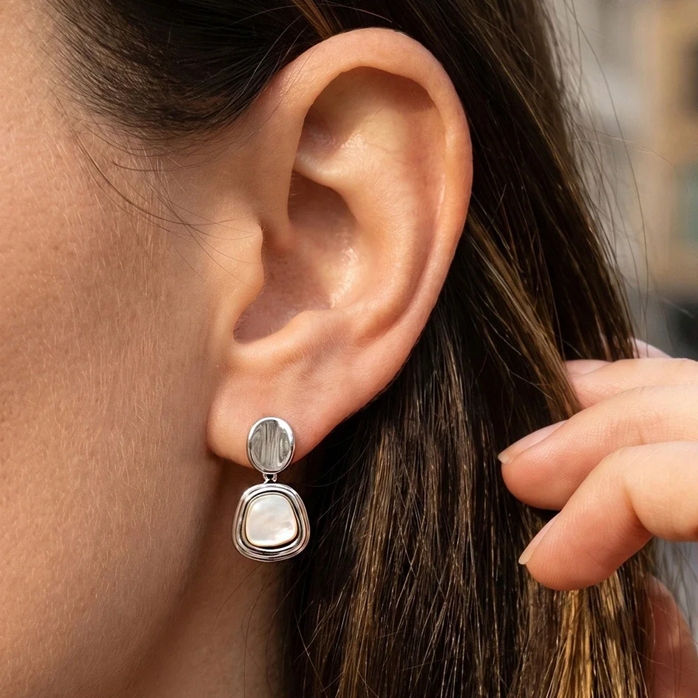 Sculptural Stainless Steel Round Stud Shell Drop Earrings