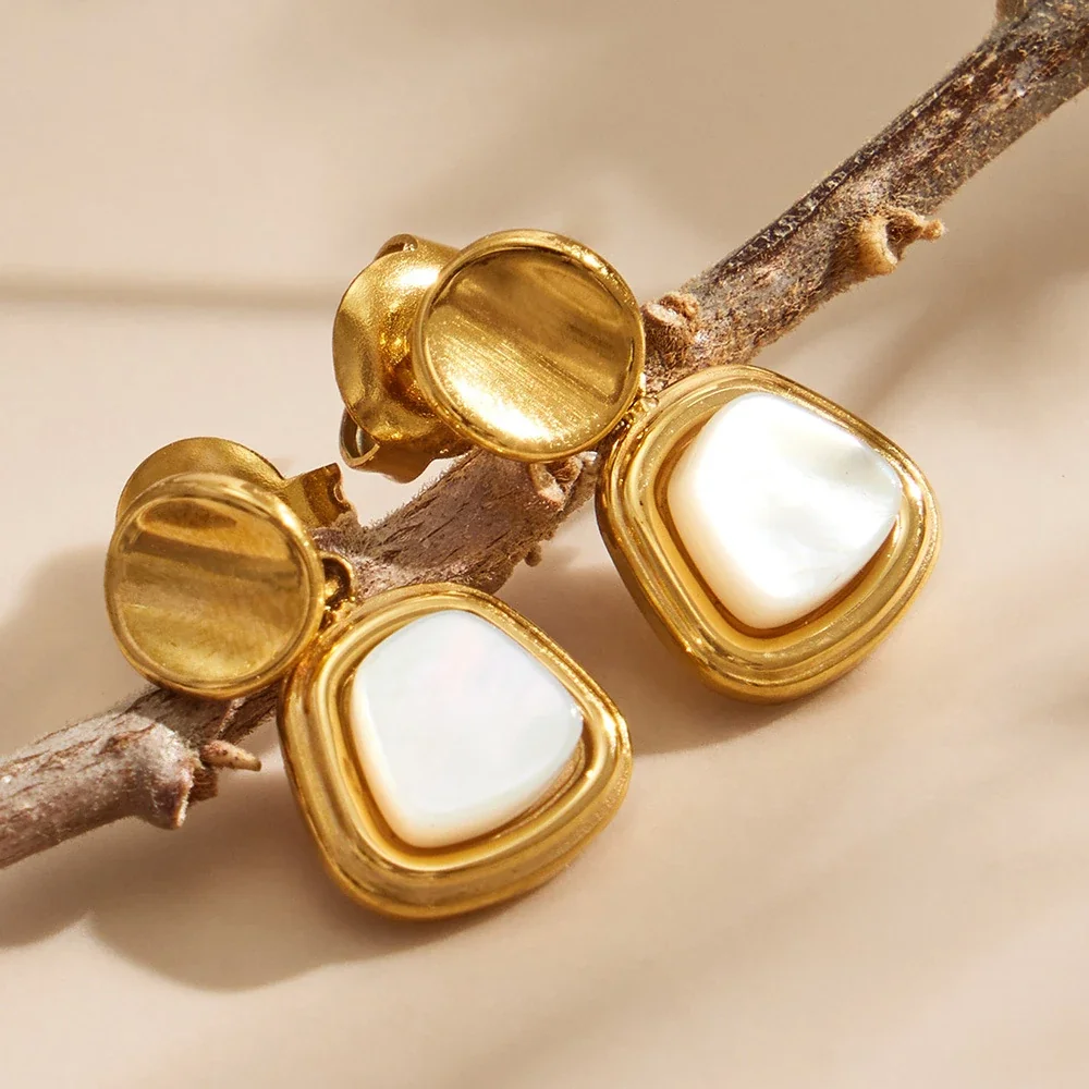 Sculptural Stainless Steel Round Stud Shell Drop Earrings