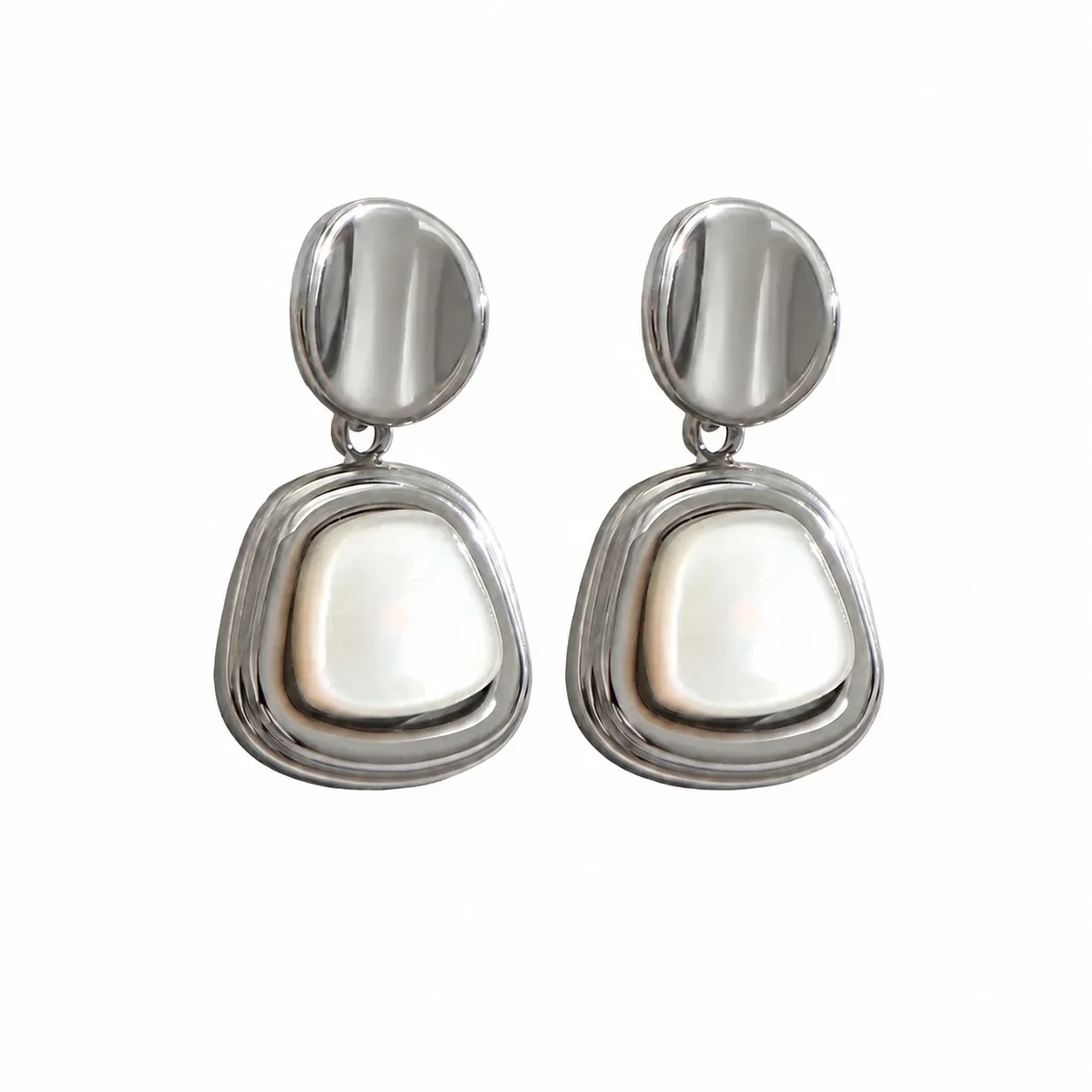Sculptural Stainless Steel Round Stud Shell Drop Earrings - Silver