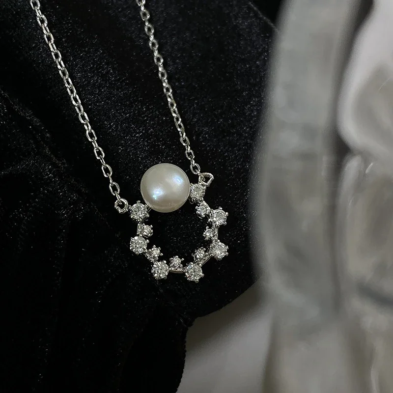Delicate Pearl Halo 925 Sterling Silver Cable Necklace