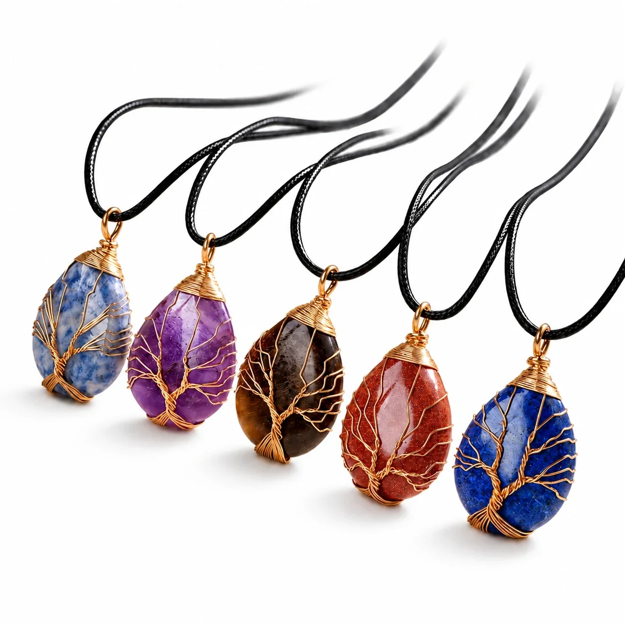 Botanical Crystal Teardrop Tree Wire Pendant Necklace