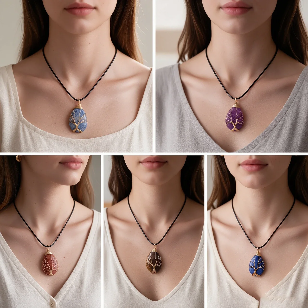 Botanical Crystal Teardrop Tree Wire Pendant Necklace