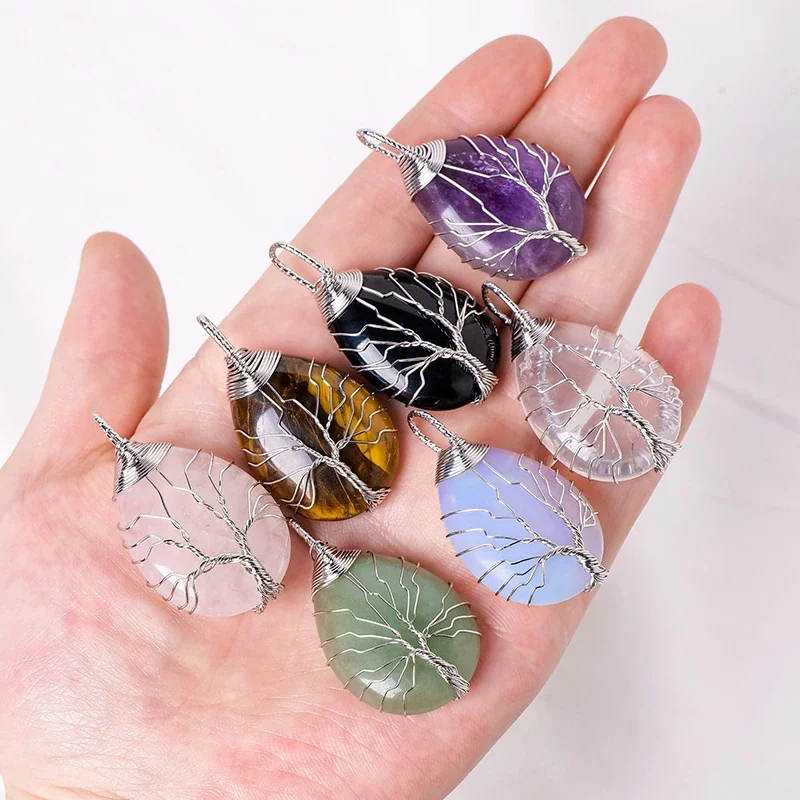 Botanical Crystal Teardrop Tree Wire Pendant Necklace