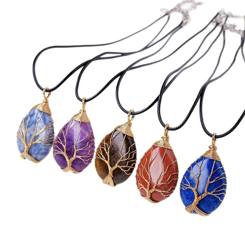 Botanical Crystal Teardrop Tree Wire Pendant Necklace