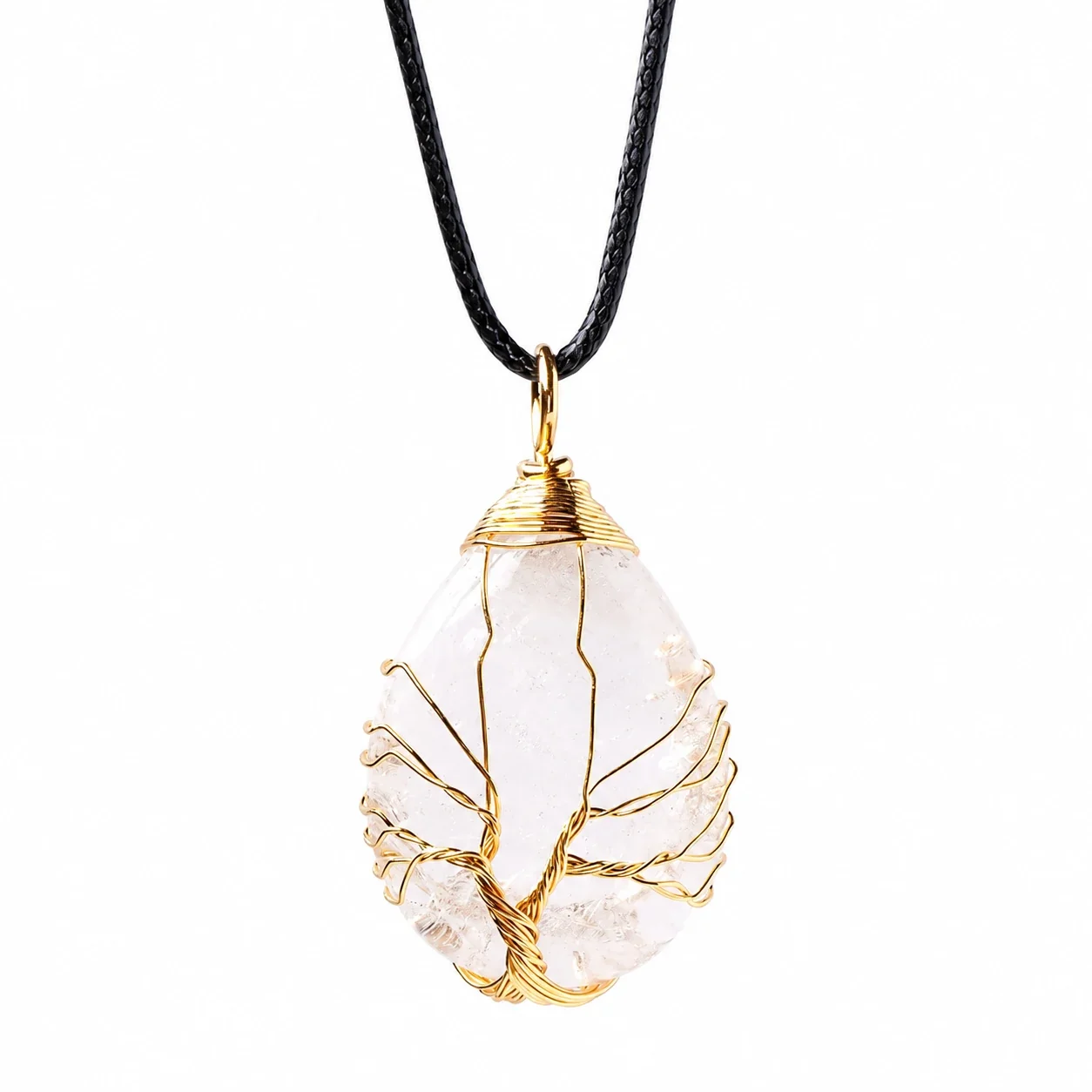 Botanical Crystal Teardrop Tree Wire Pendant Necklace - White Crystal - Gold-Tone Wire