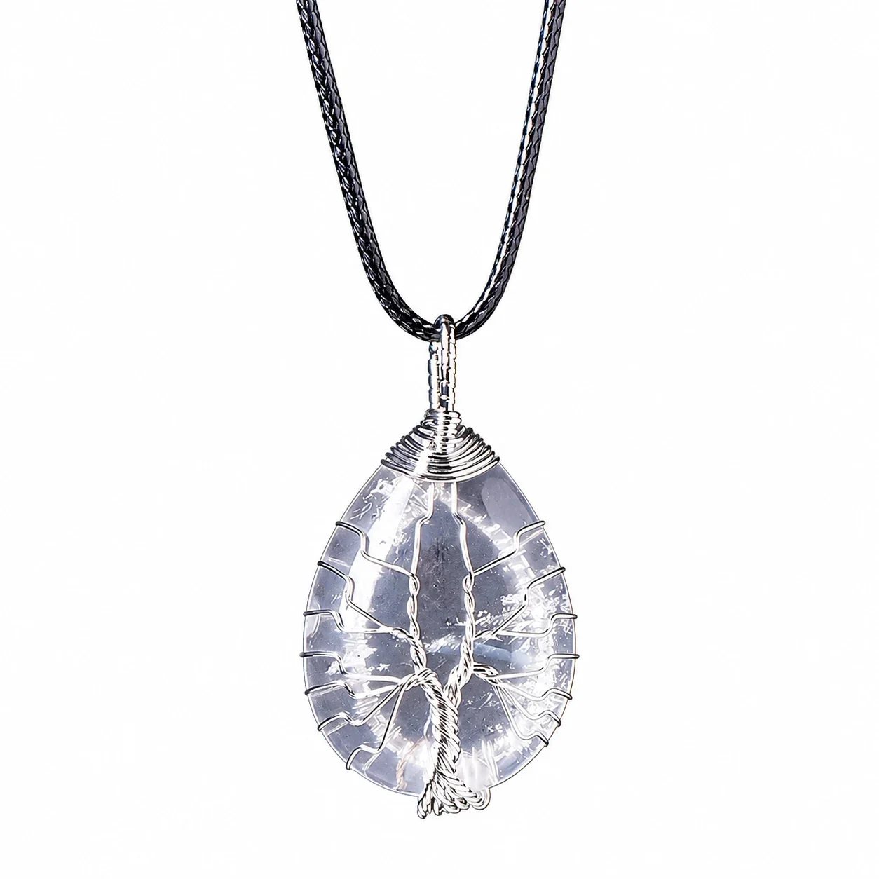 Botanical Crystal Teardrop Tree Wire Pendant Necklace - White Crystal - Silver-Tone Wire