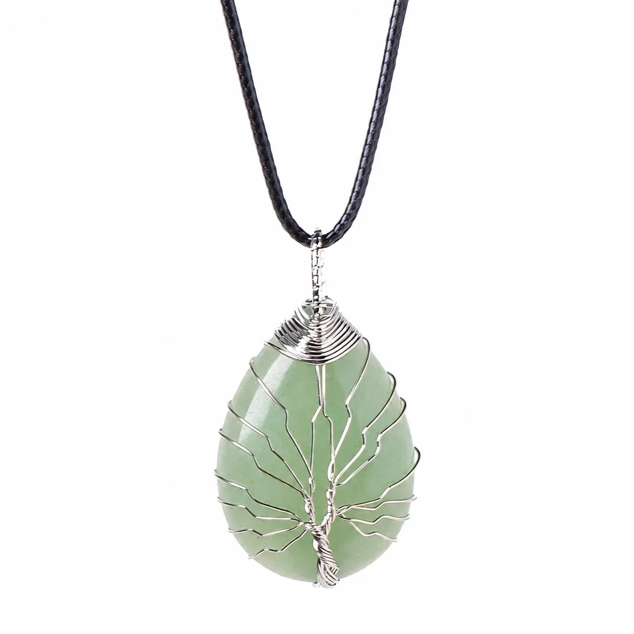 Botanical Crystal Teardrop Tree Wire Pendant Necklace - Green Aventurine - Silver-Tone Wire