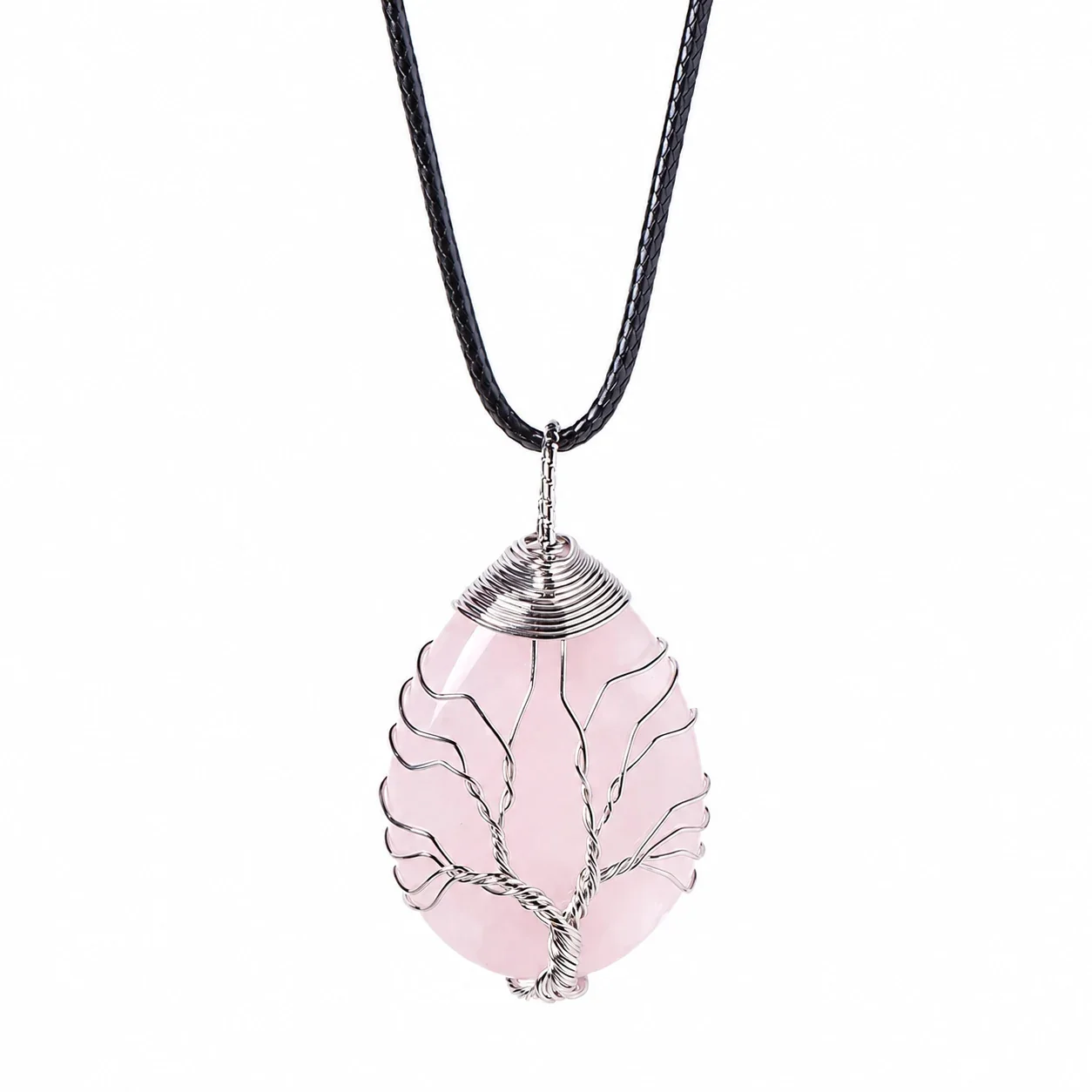 Botanical Crystal Teardrop Tree Wire Pendant Necklace - Rose Quartz - Silver-Tone Wire
