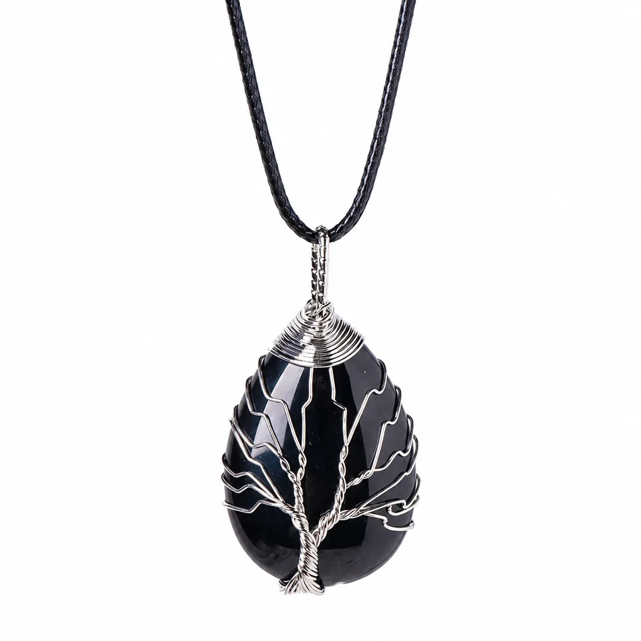Botanical Crystal Teardrop Tree Wire Pendant Necklace - Obsidian - Silver-Tone Wire