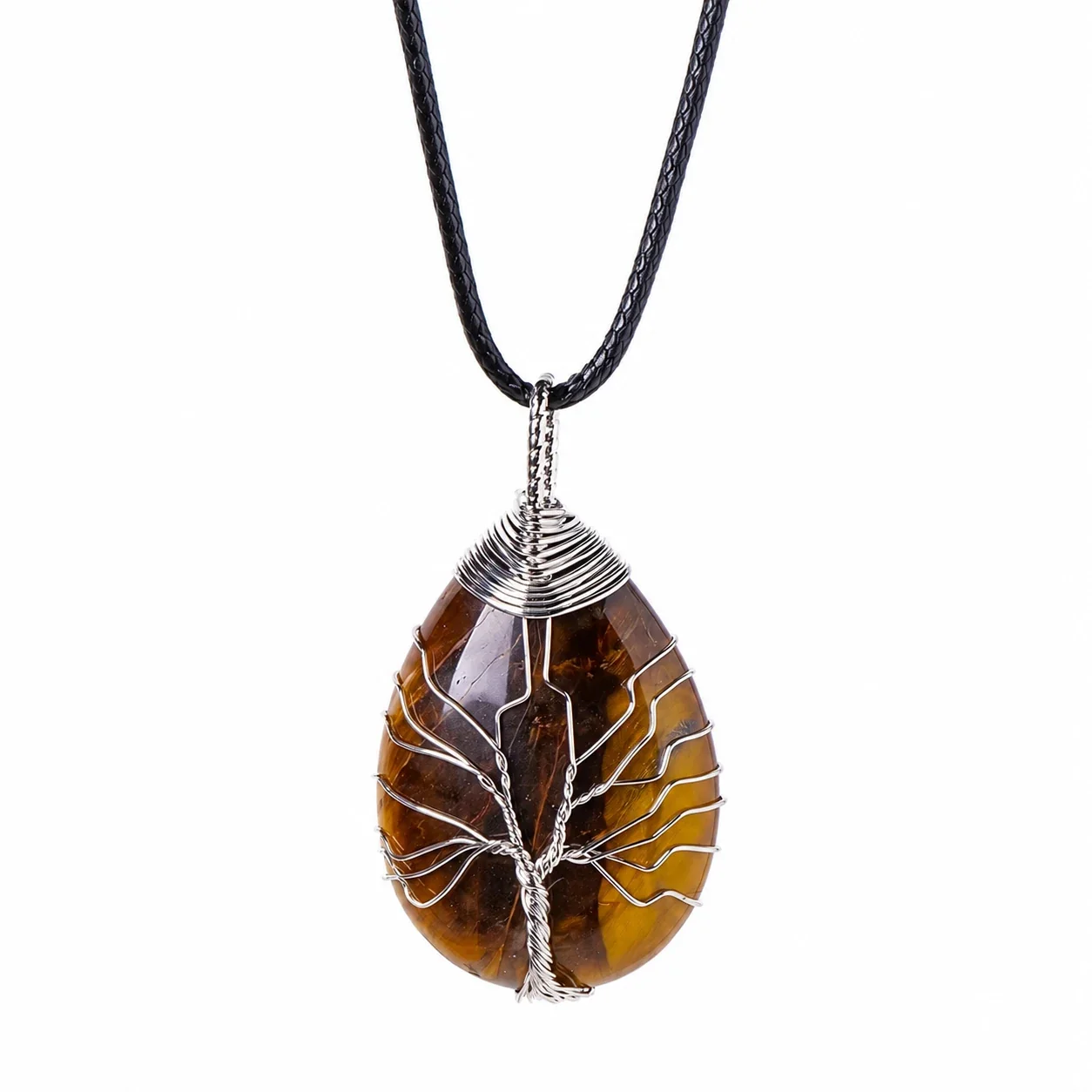 Botanical Crystal Teardrop Tree Wire Pendant Necklace - Tiger's Eye - Silver-Tone Wire