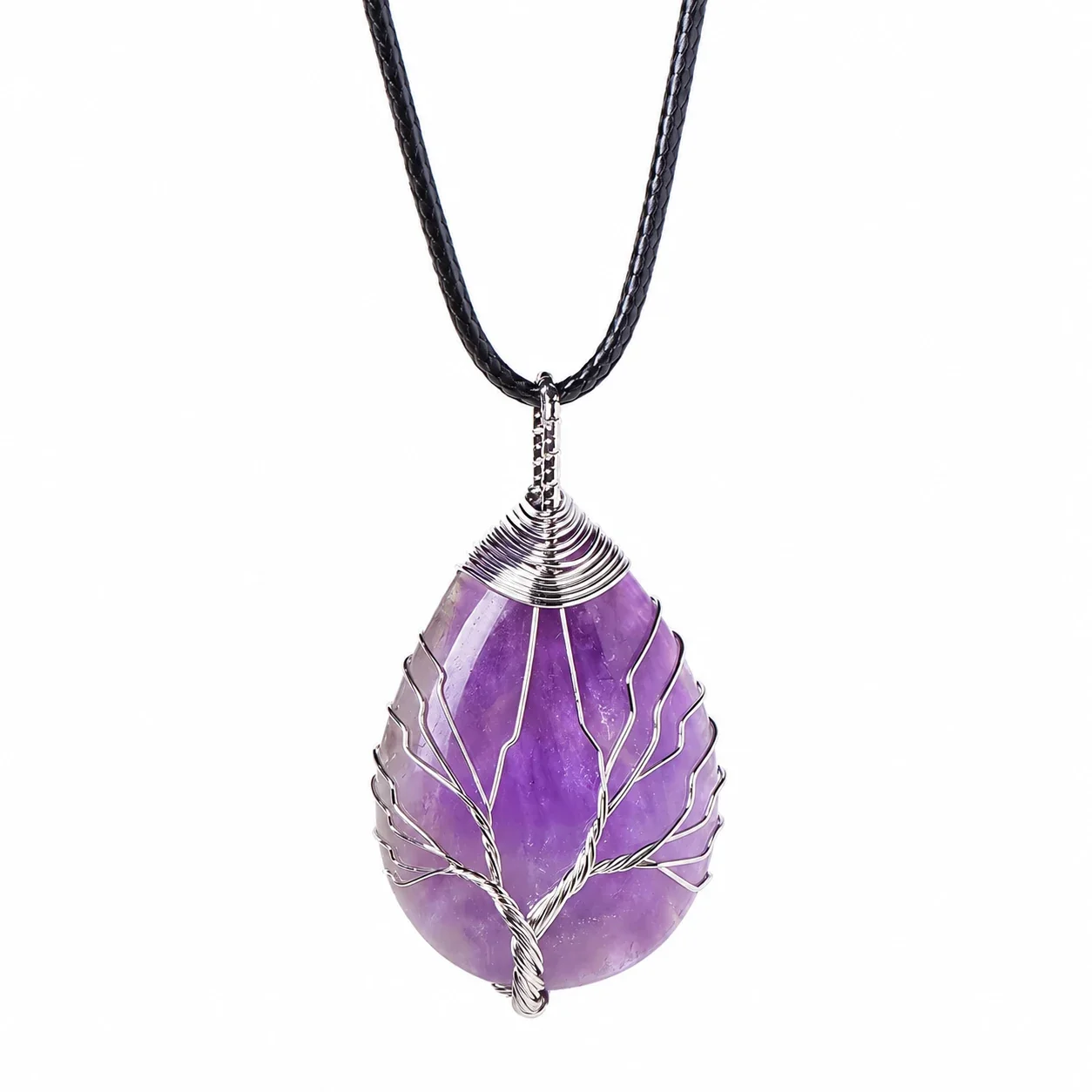 Botanical Crystal Teardrop Tree Wire Pendant Necklace - Amethyst - Silver-Tone Wire