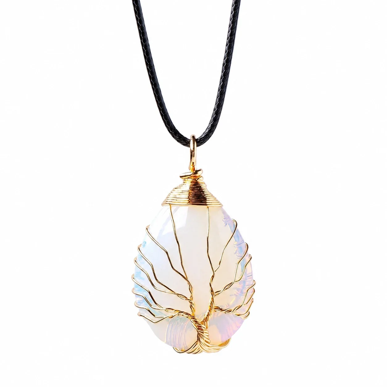Botanical Crystal Teardrop Tree Wire Pendant Necklace - Opal - Gold-Tone Wire