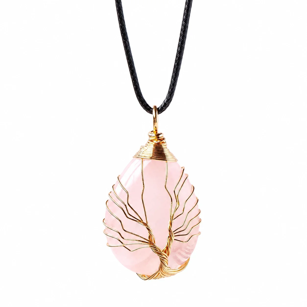 Botanical Crystal Teardrop Tree Wire Pendant Necklace - Rose Quartz - Gold-Tone Wire
