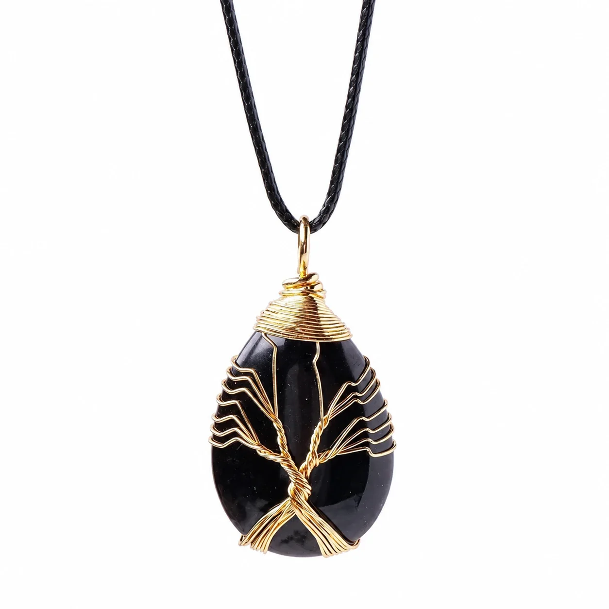 Botanical Crystal Teardrop Tree Wire Pendant Necklace - Obsidian - Gold-Tone Wire