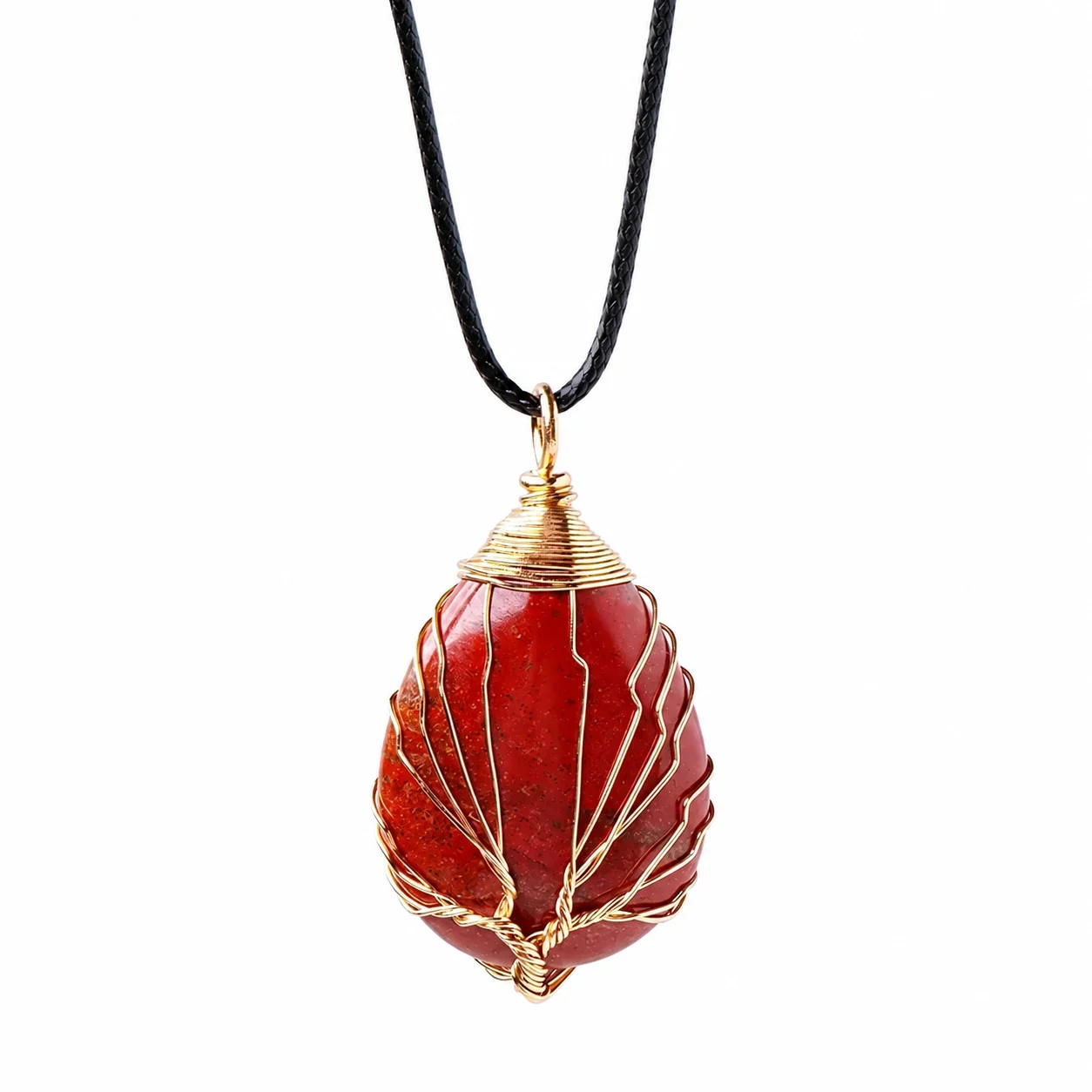 Botanical Crystal Teardrop Tree Wire Pendant Necklace - Red Jasper - Gold-Tone Wire