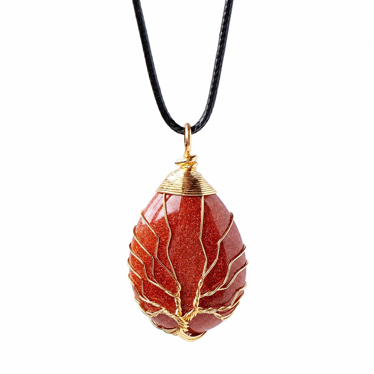 Botanical Crystal Teardrop Tree Wire Pendant Necklace - Goldstone - Gold-Tone Wire