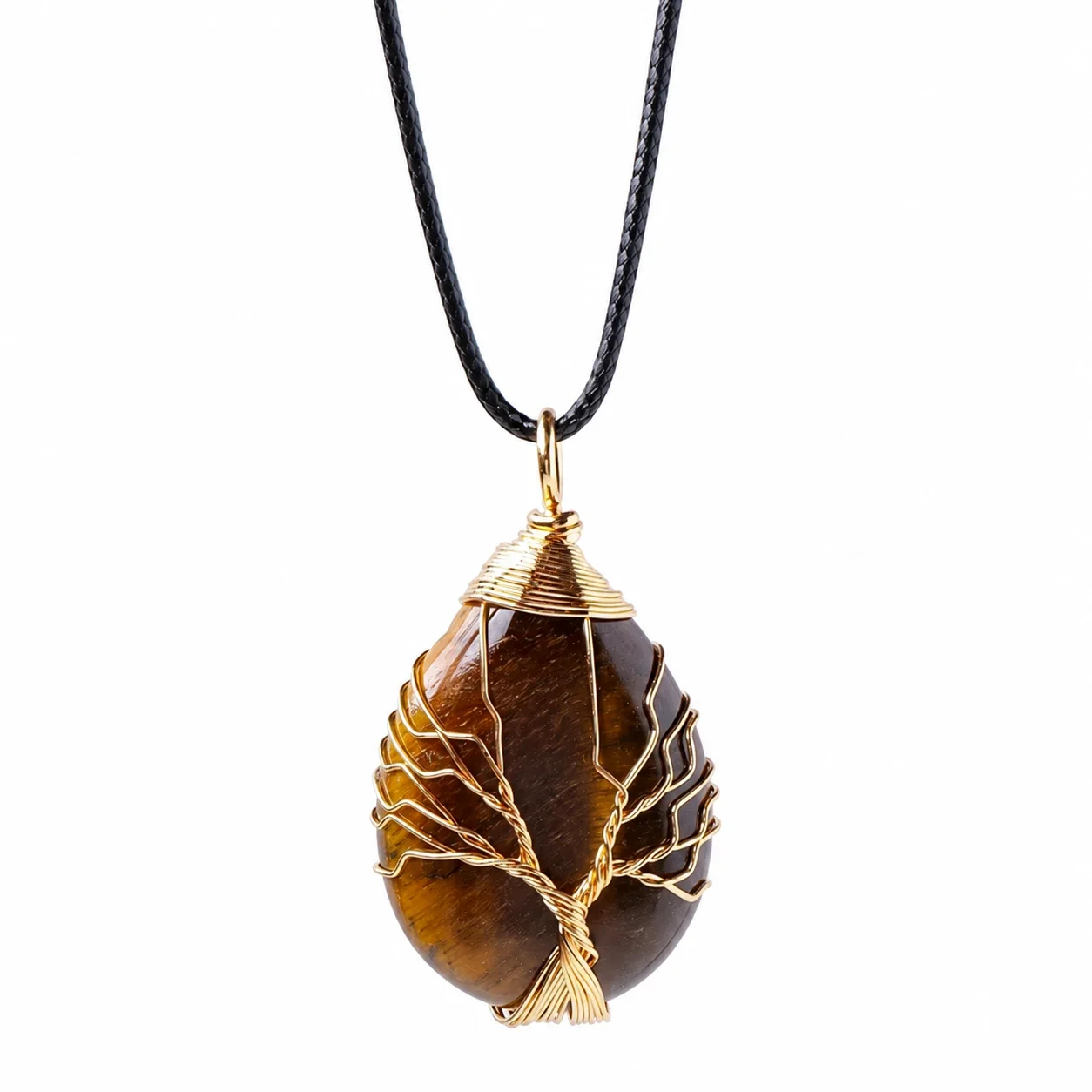 Botanical Crystal Teardrop Tree Wire Pendant Necklace - Tiger's Eye - Gold-Tone Wire