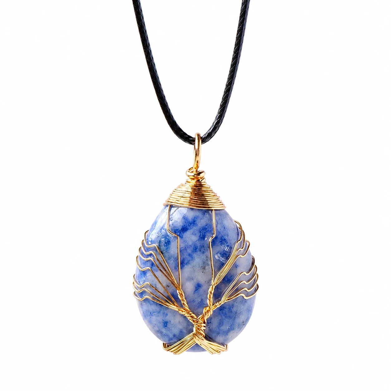 Botanical Crystal Teardrop Tree Wire Pendant Necklace - Blue Spot Stone - Gold-Tone Wire