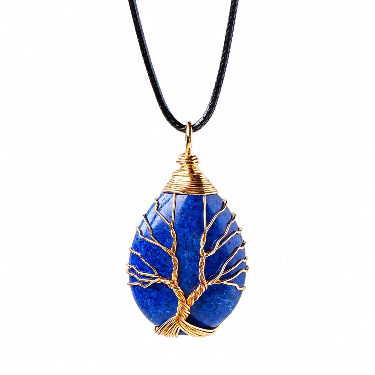 Botanical Crystal Teardrop Tree Wire Pendant Necklace - Lapis Lazuli - Gold-Tone Wire