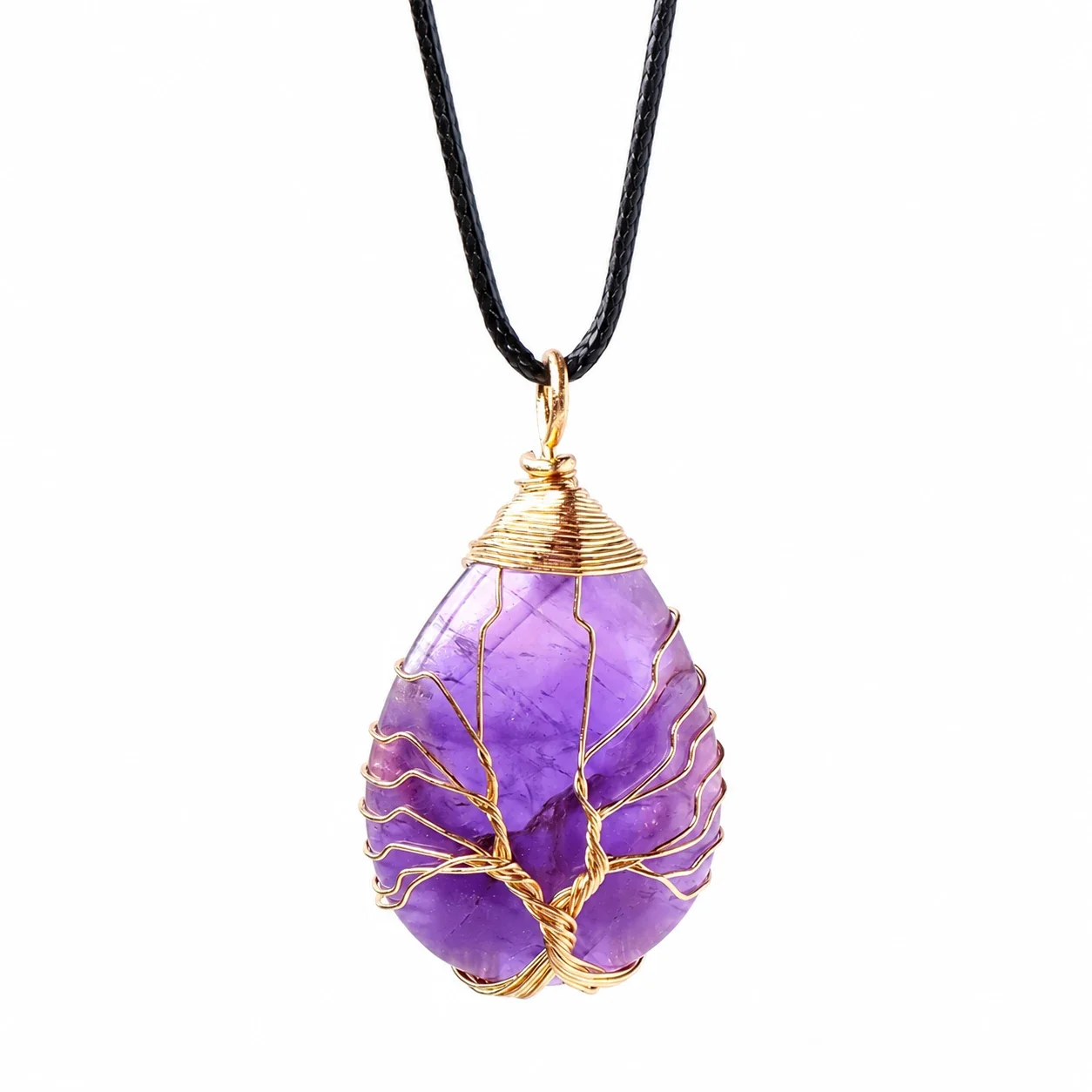 Botanical Crystal Teardrop Tree Wire Pendant Necklace - Amethyst - Gold-Tone Wire