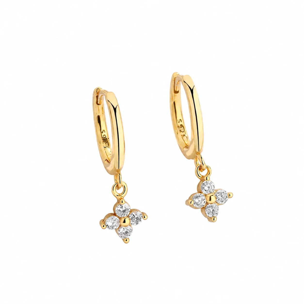 Petite 925 Sterling Silver Four-Stone Flower Hoop Earrings - Gold