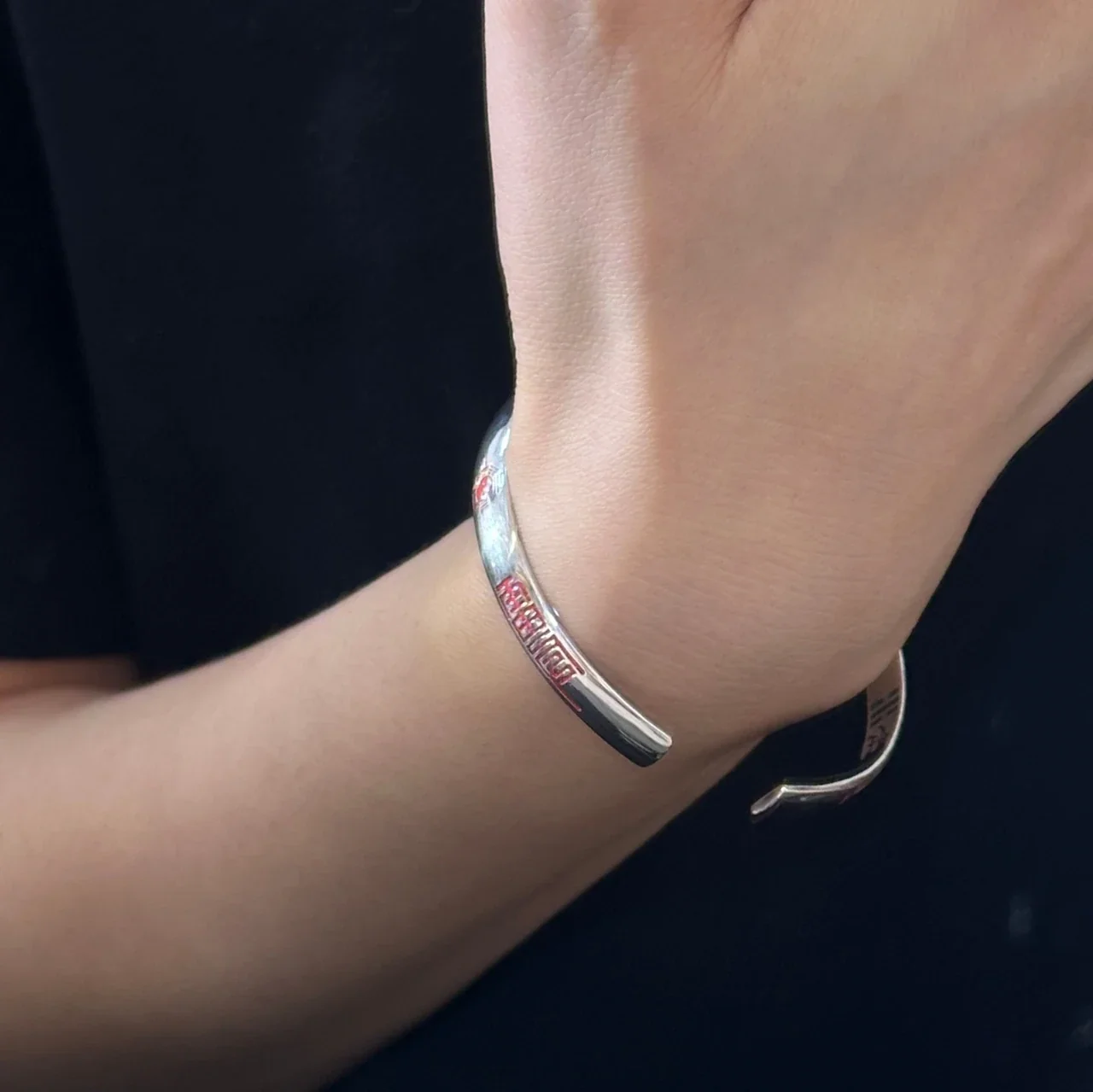 Polished Red Script Bagua 925 Sterling Silver Bangle