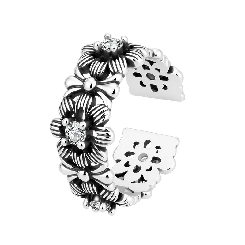Antique Silver-Plated Ribbed Floral Open Copper Ring