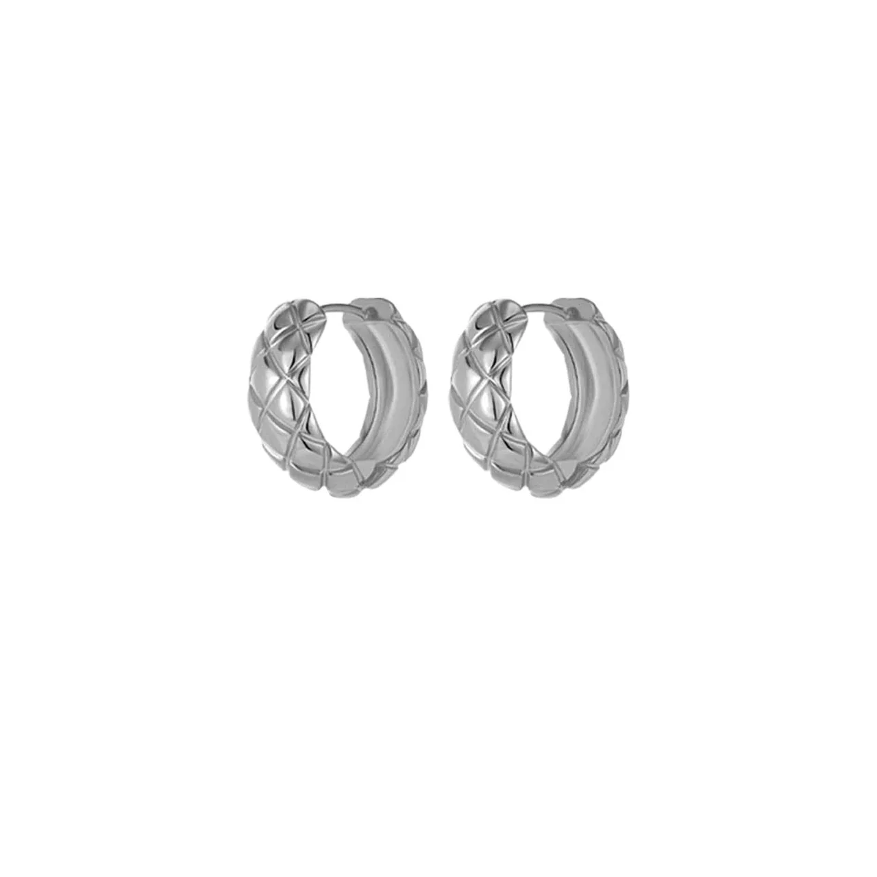 Geometric Diamond-Pattern 925 Sterling Silver Hoop Earrings