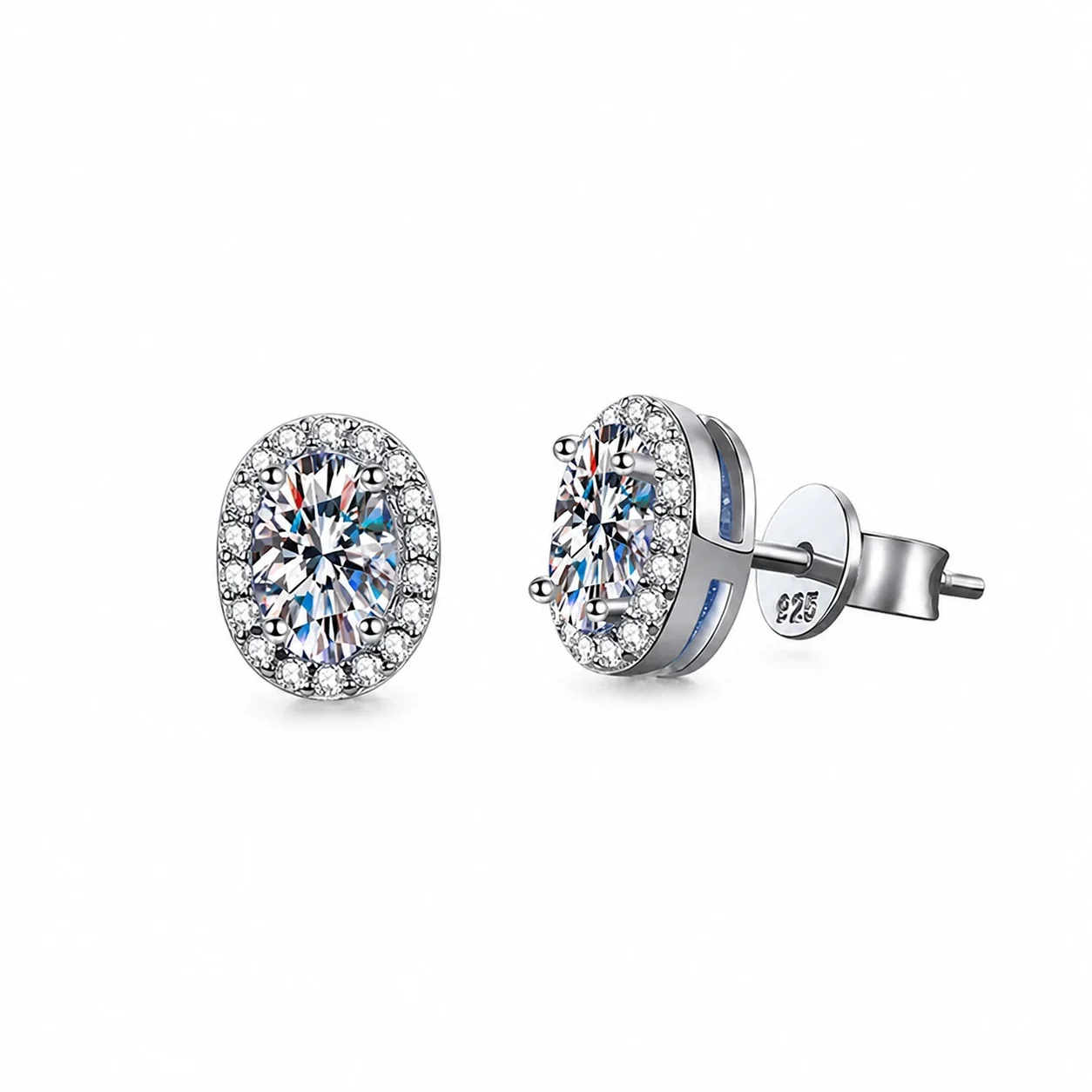 Luminous Platinum-Plated Oval Halo 925 Sterling Silver Stud Earrings