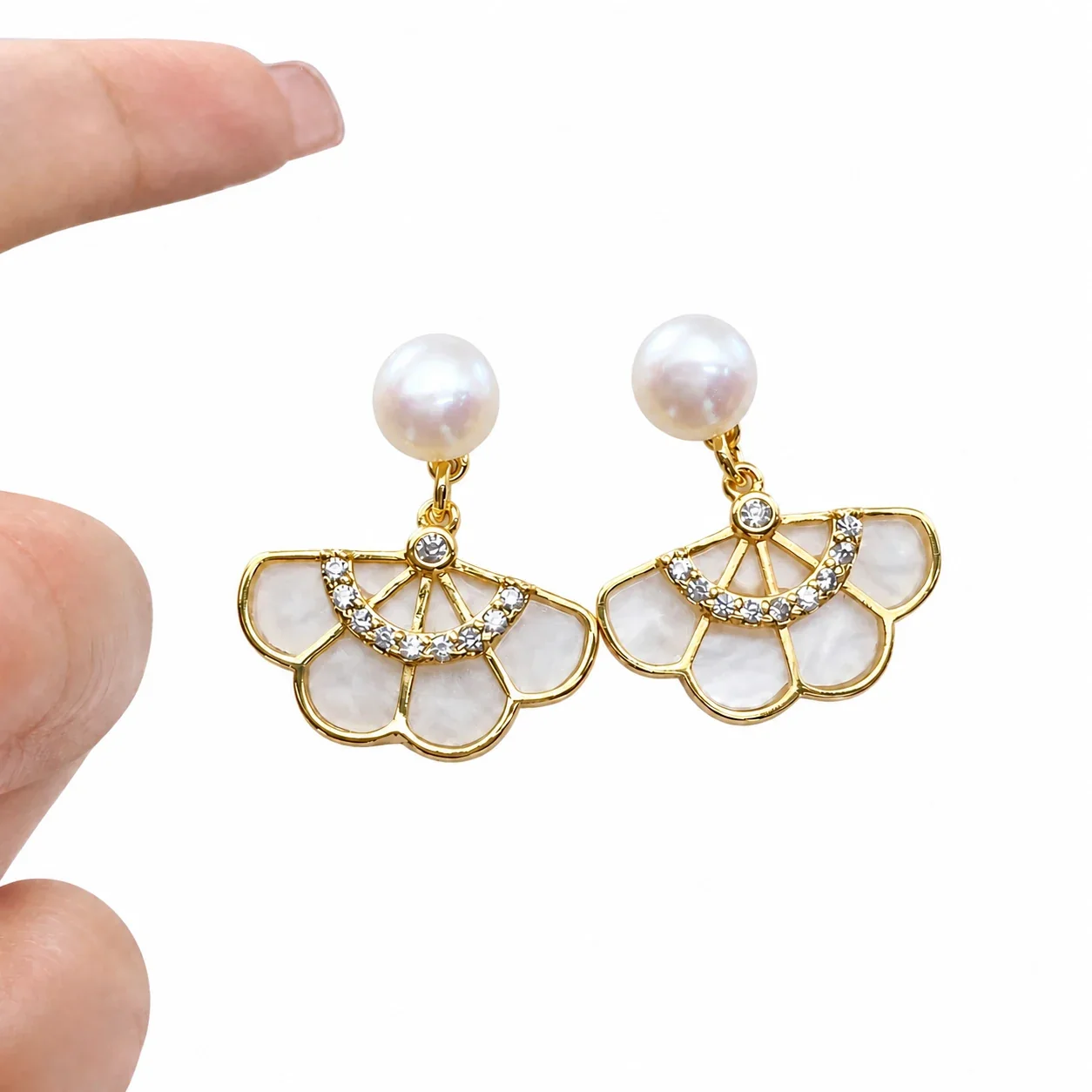 Delicate Gold-Plated Fan Petal Freshwater Pearl Drop Earrings