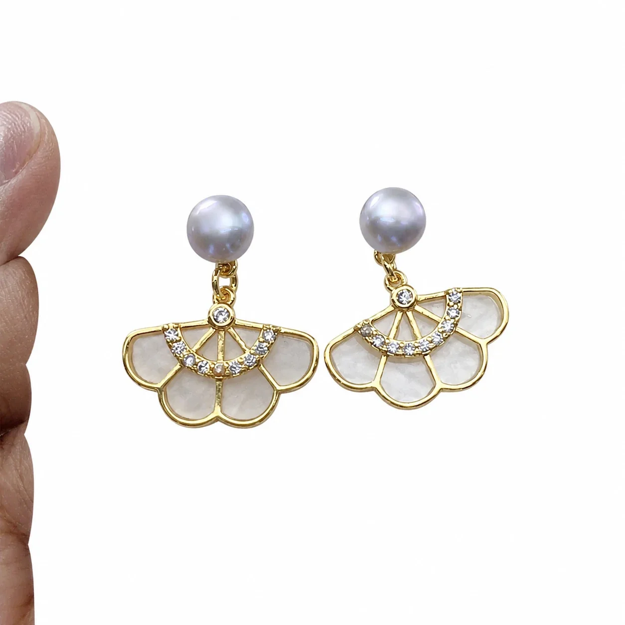 Delicate Gold-Plated Fan Petal Freshwater Pearl Drop Earrings