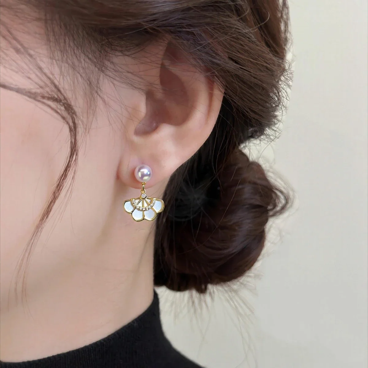Delicate Gold-Plated Fan Petal Freshwater Pearl Drop Earrings