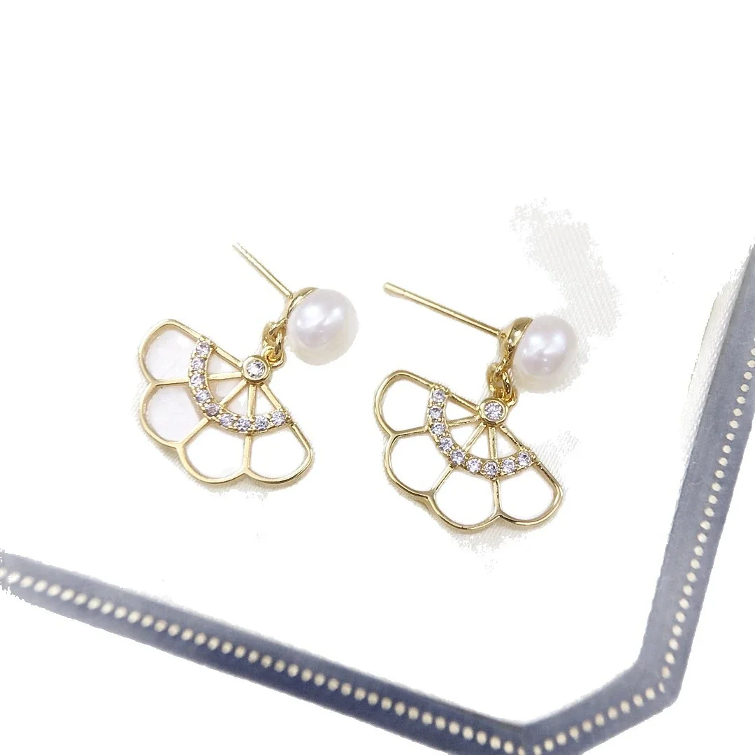 Delicate Gold-Plated Fan Petal Freshwater Pearl Drop Earrings
