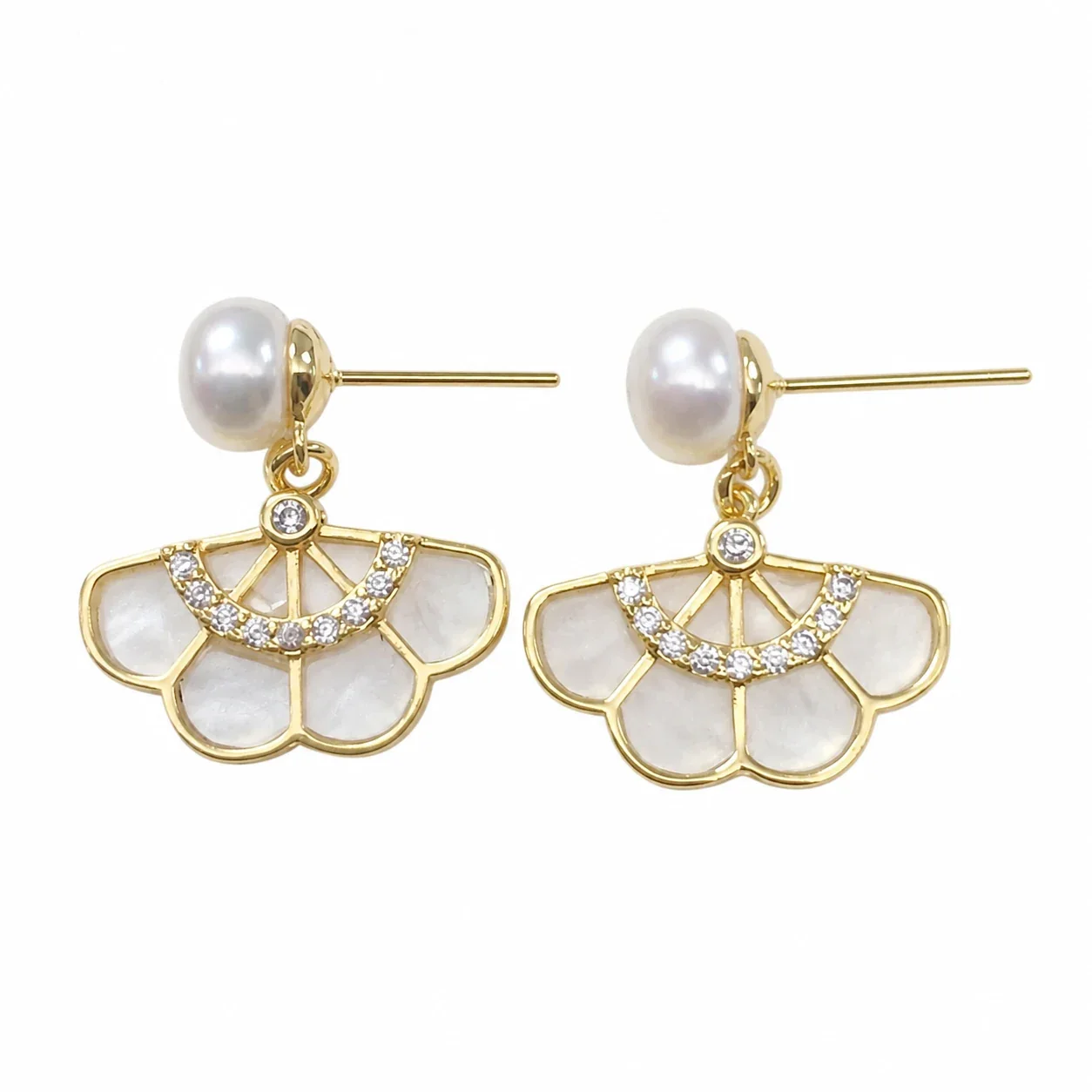 Delicate Gold-Plated Fan Petal Freshwater Pearl Drop Earrings - White