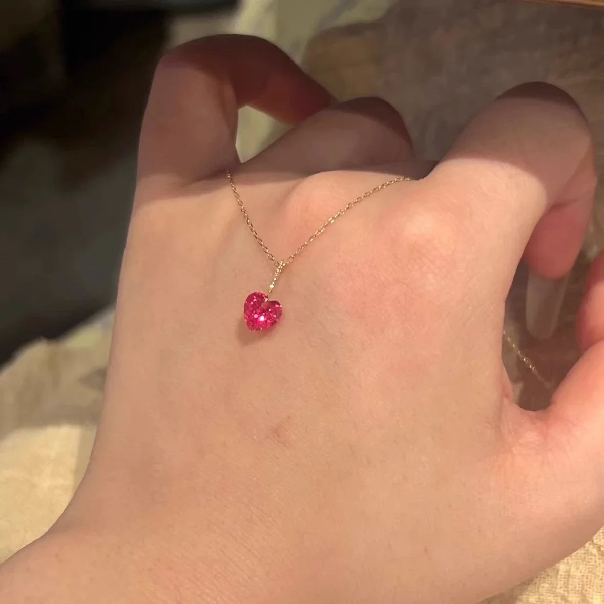 Delicate Gold-Plated Pink Heart CZ Copper Necklace