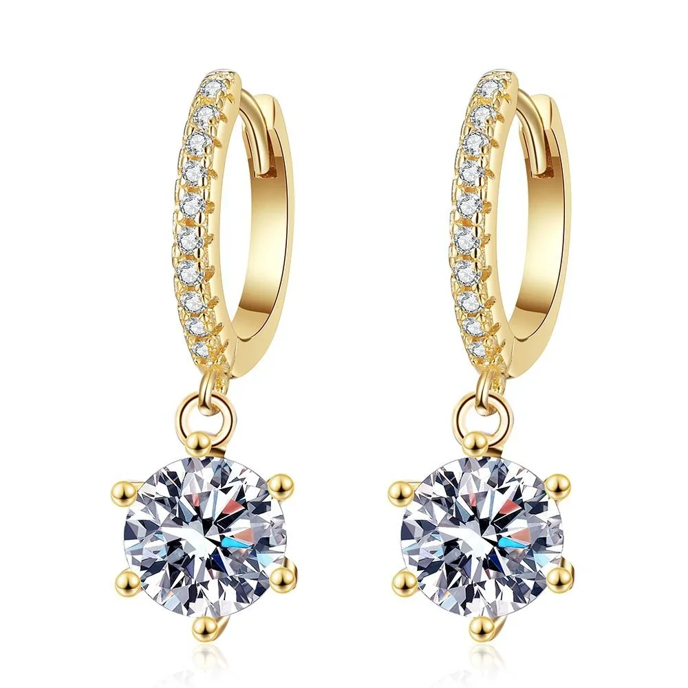 Radiant Gold-Plated Pavé Hoop Six-Prong Moissanite Drop Earrings
