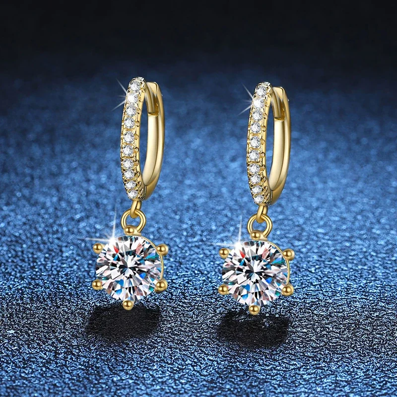 Radiant Gold-Plated Pavé Hoop Six-Prong Moissanite Drop Earrings