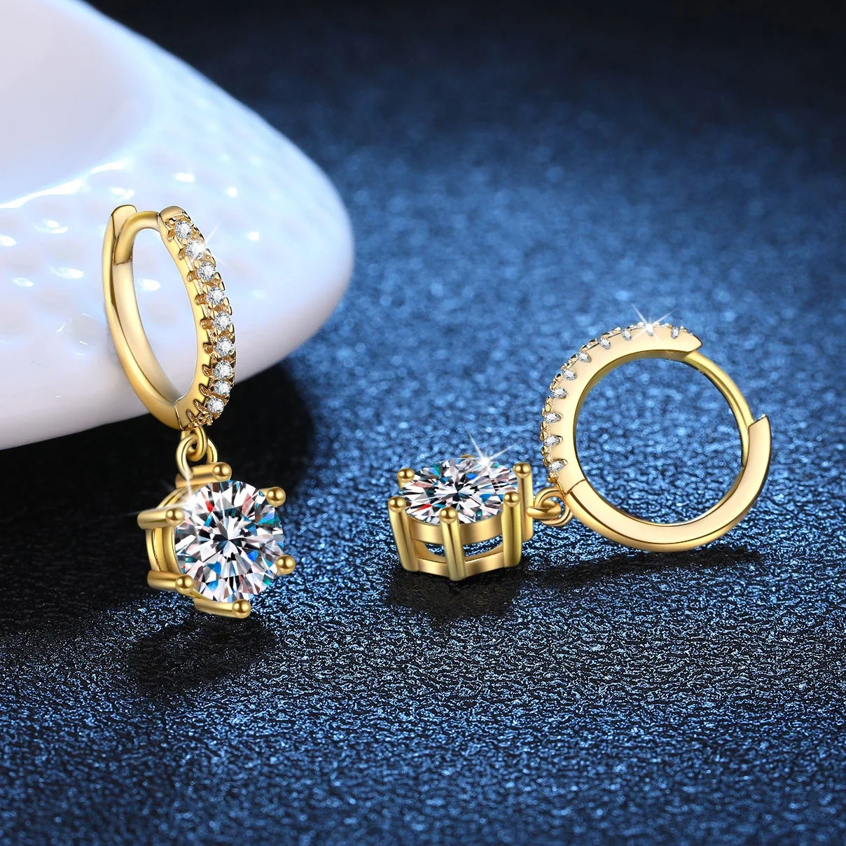 Radiant Gold-Plated Pavé Hoop Six-Prong Moissanite Drop Earrings