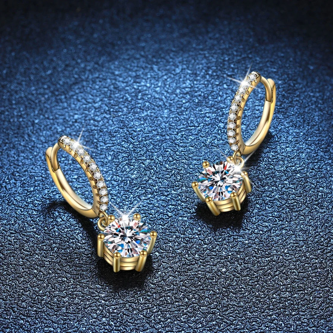 Radiant Gold-Plated Pavé Hoop Six-Prong Moissanite Drop Earrings